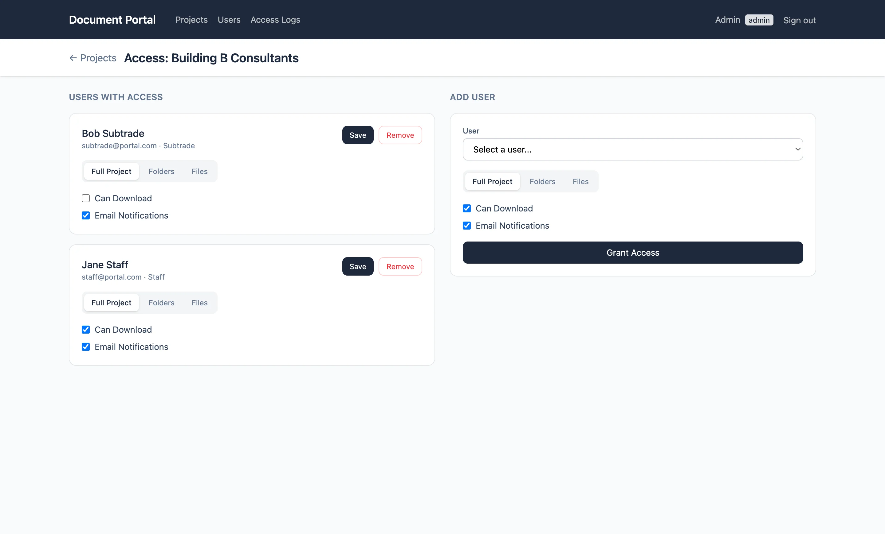 Document Portal — granular access management with project/folder/file tabs
