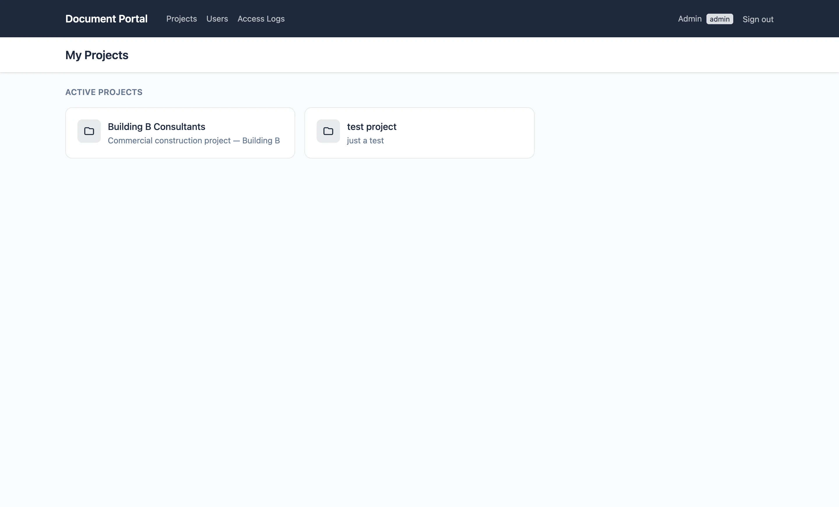 Document Portal — user dashboard with accessible projects