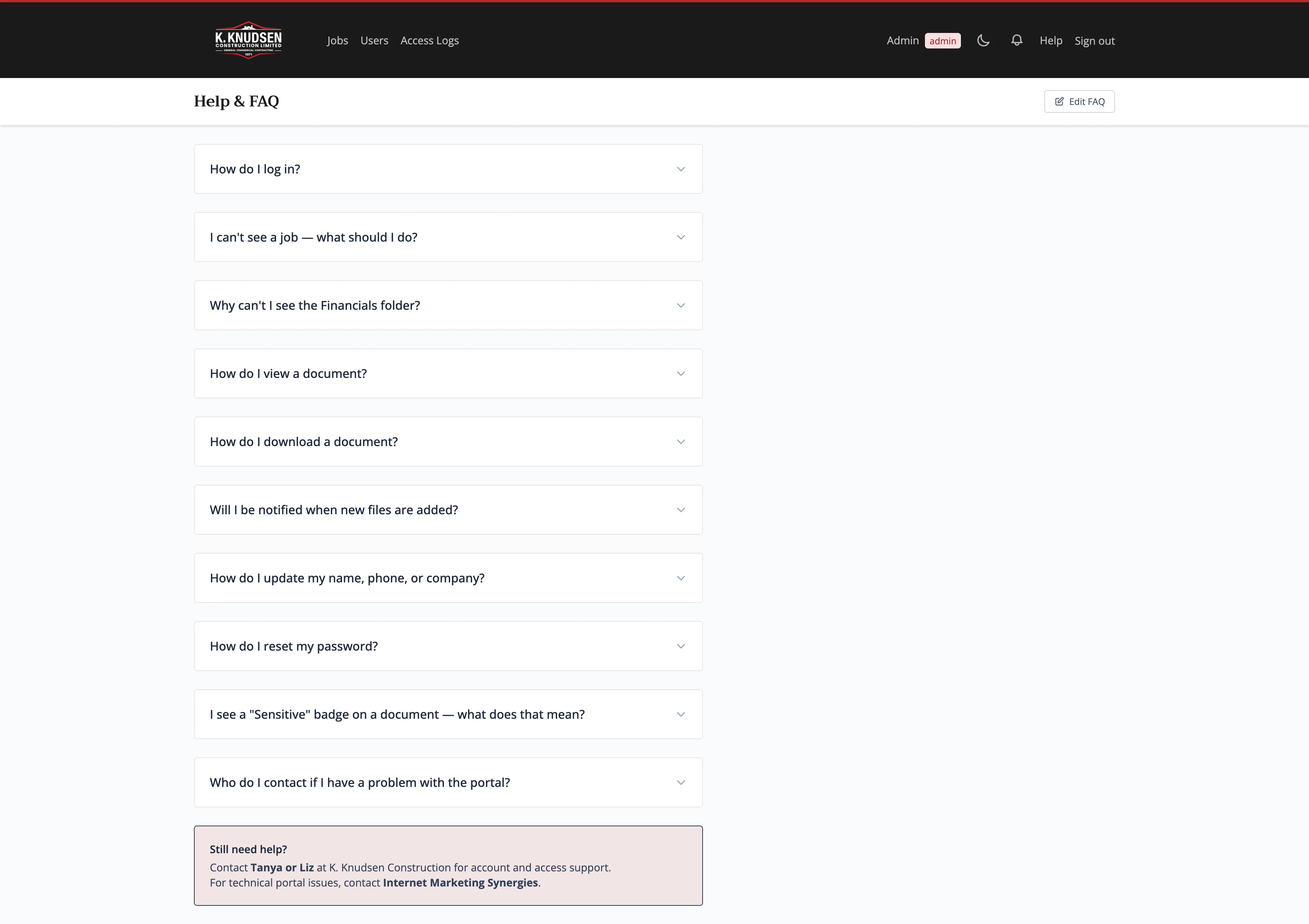 Document Portal — Help / FAQ page with admin-editable accordion content