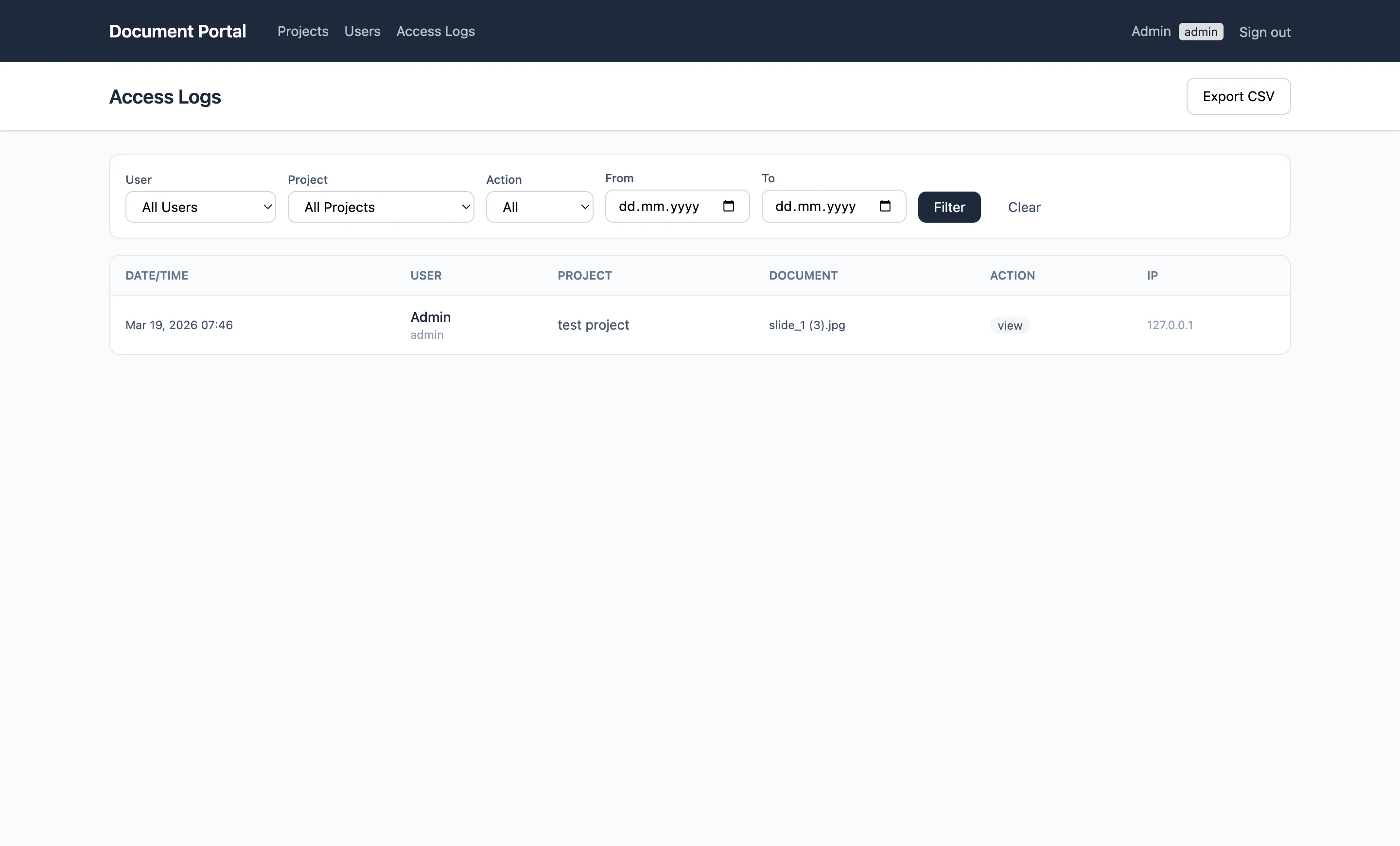 Document Portal — document access log with view and download events