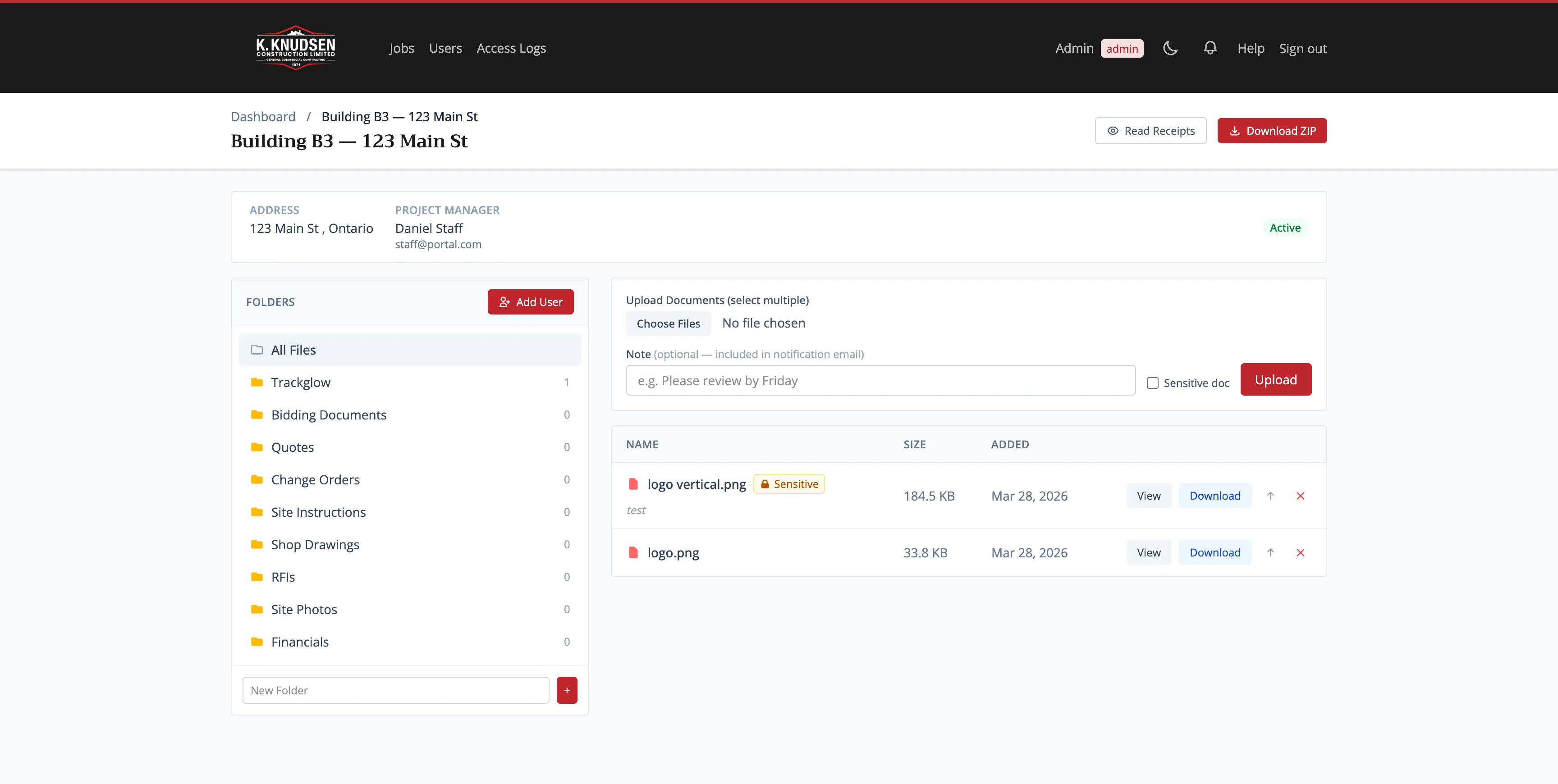 Document Portal — project view with folder sidebar, document list, upload form, and PM info