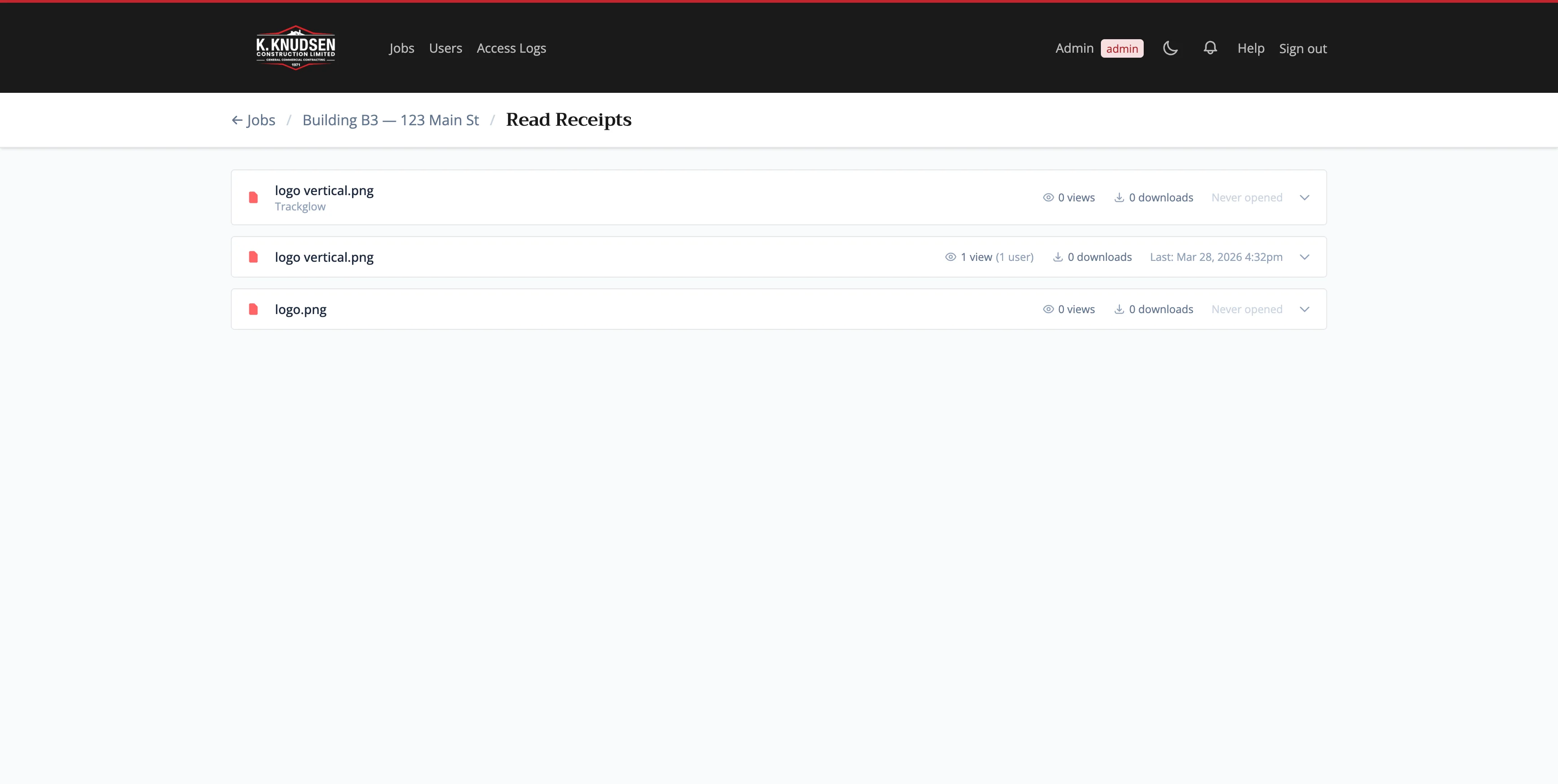 Document Portal — read receipts per project showing who has viewed each document