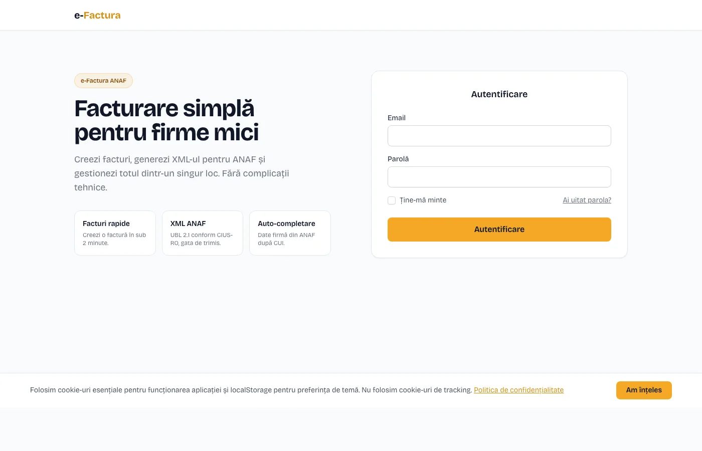 e-Factura welcome page with login