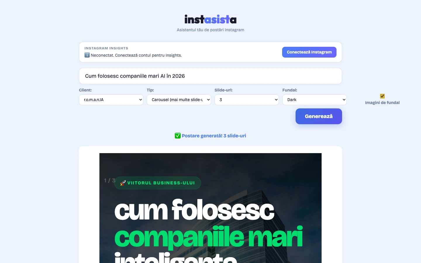 instasist admin dashboard with topic input and generation options