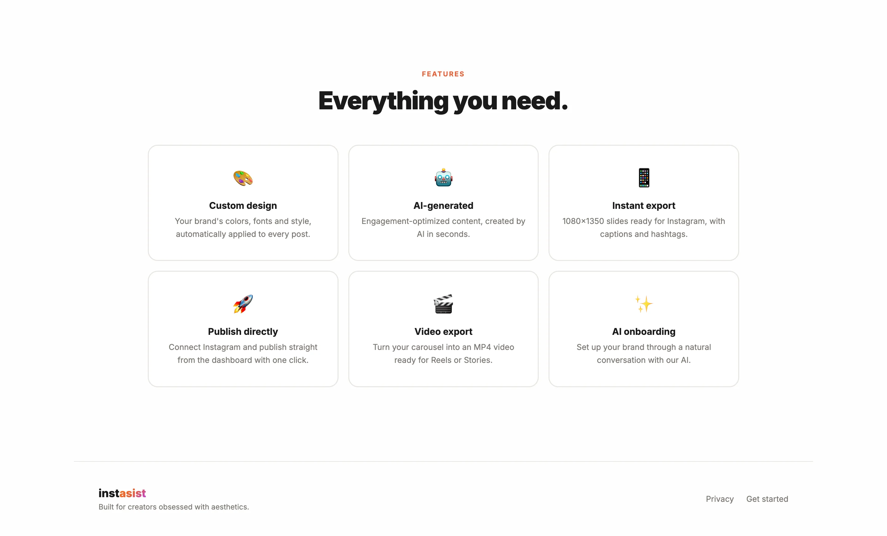 instasist — feature highlights: custom design, AI, publish directly, video export