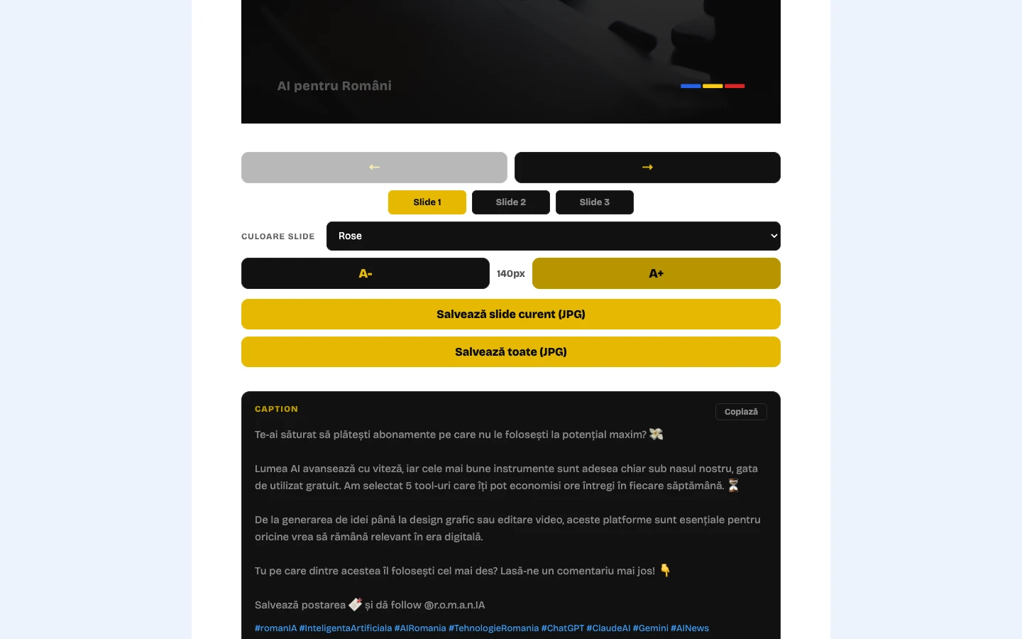 AI-generated caption and hashtags with copy button